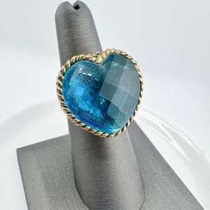 Vintage Sajen Bronze Filigree Heart Ring Dream Blue CZ Retro Glam Modern Chunky